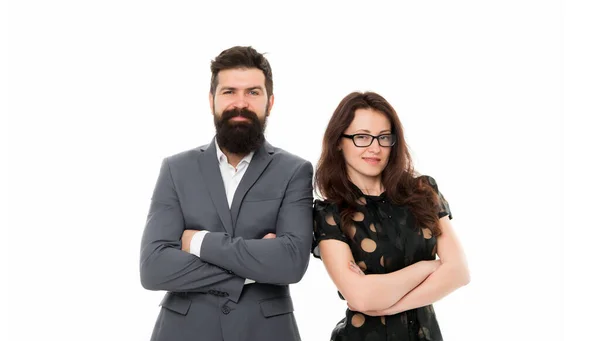 Portrait of smiling business partners. Business partner couple isolated on white. happy businesspeople. Partnership and collaboration. bearded man and sexy woman partner. Intelligent and confident