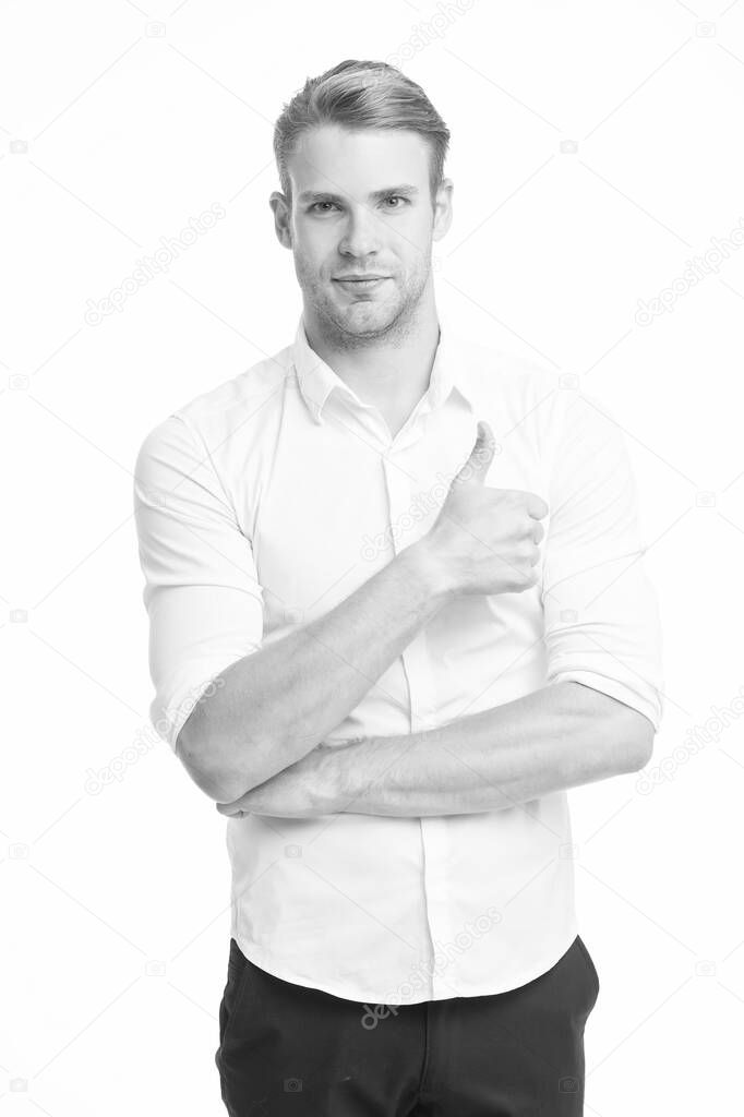 Just awesome. Guy shows thumbs up gesture. Excellent quality. Man confidently highly recommend white background. Guy with bristle recommend. Man shop consultant confident and hospitable. Good job