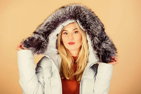 Designed for your comfort. Fashion girl winter clothes. Fashion trend. Female fashion. Clothes shop. Buy online. Fashion coat. Warming up. Casual winter jacket more stylish have more comfort features — Stock Photo, Image