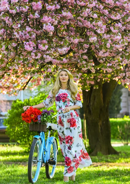 Dia de primavera perfeito. menina com bicicleta vintage no beco sakura rosa. árvore florescente em tempo de primavera. beleza feminina natural. Uma mulher no jardim. jovem menina da moda com bicicleta retro perto de flores de cereja — Fotografia de Stock