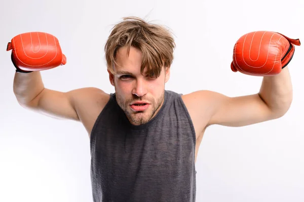 Championship and training concept. Boxer demonstrates his strong muscles — Stock Photo, Image