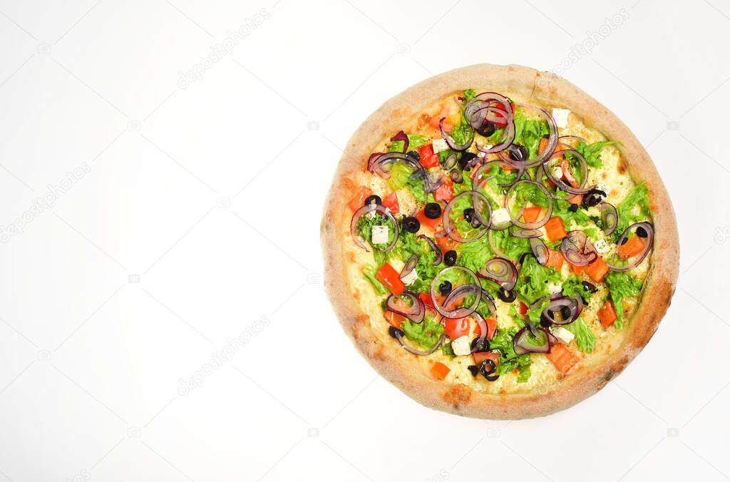 Greek pizza with black olives. Restaurant menu and italian cuisine