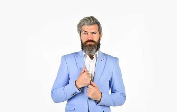 wedding groom. management consultant on business event. charismatic financial analysts. tuxedo bearded man well groomed. formal male isolated on white. stylish man wear glamour blue jacket