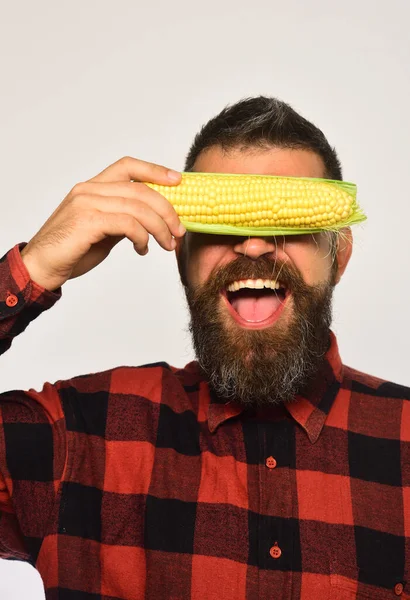 Bauer mit verstecktem fröhlichen Gesicht mit gelben Maisaugen — Stockfoto