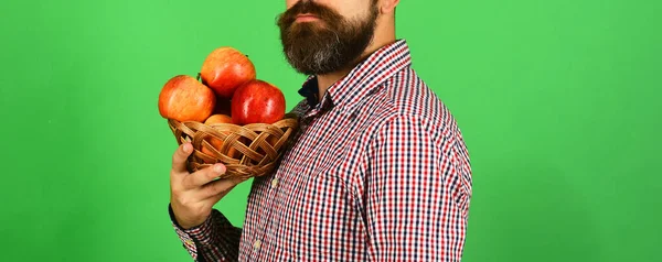 집에서 수확하는 과일을 제공 합니다. 수염을 기르고 과일 그릇을 들고 있는 사람 — 스톡 사진
