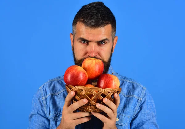Agricoltore con faccia seducente odora di mele rosse. Uomo con la barba — Foto Stock