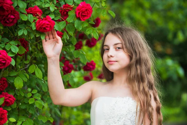 Дівчина ботанік сад червоні троянди догляд за шкірою, концепція органічної косметики — стокове фото
