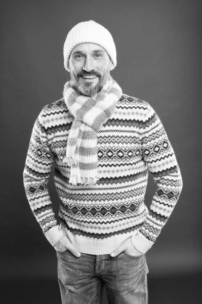 Kış kazağı. Örülmüş aksesuarlar. Kış havası. Erkek giyim konsepti. Kış koleksiyonu. Sıcaklık ve rahatlık. Soğuk kış koşulları. Şapka takan ve eşarp takan yakışıklı sakallı adam.