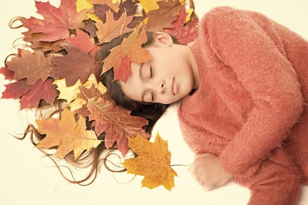 Seasonal affective disorder. Kid girl sleepy face suffer depression. Headache and prostration. Type of depression that starts in fall. Feeling tired and depressed. Autumn mood. Autumn depression — Stock Photo, Image