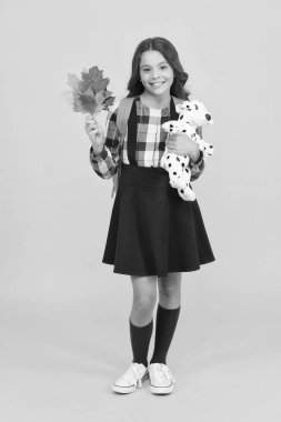 İlkokulda okuyor. Akademik yılın başlangıcında. Çalışmak için sonbahar zamanı. Okul eğitimi konsepti. Çalışmaya devam et. Oyuncak sırt çantalı küçük bir kız çocuğu ve gidiyor. Mutlu çocukluk