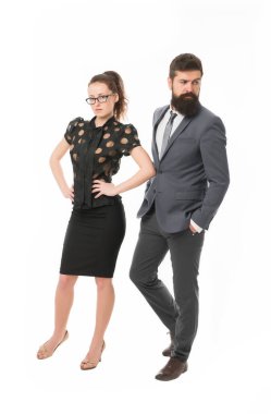 İş adamları. Patron ve çekici bayan asistan beyaz arka plan. İş ilişkileri. Resmi moda kıyafetleri. İş ortakları sakallı erkek ve kadın iş konferansına ya da toplantıya giderler