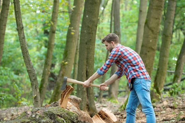 Man in jeans en geruit overhemd hakken hout met bijl, kracht — Stockfoto