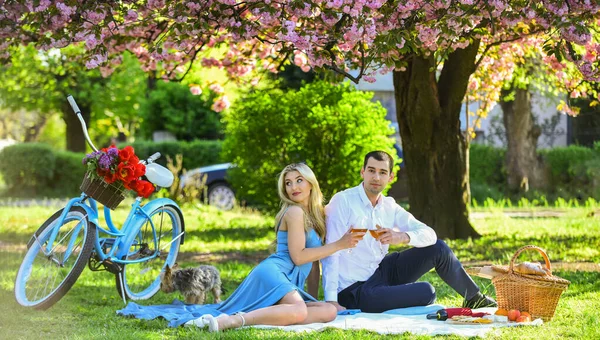 Attractive Couple Enjoying Romantic Sunset Picnic in Countryside. Couple drinking wine sunny day. Cute couple drinking wine picnic. Romance concept. Inspiring feelings. Cheers. Celebrate anniversary