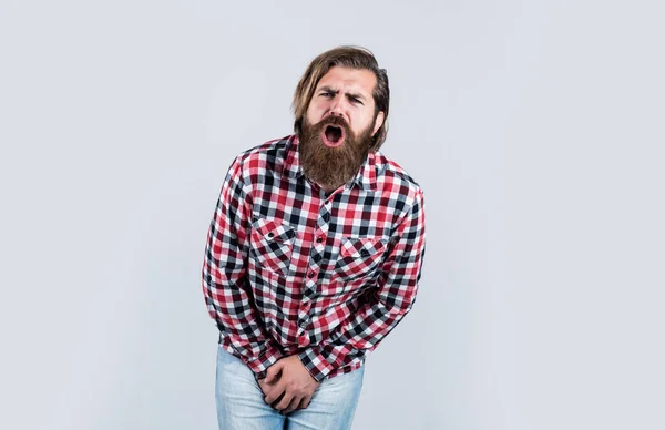 Prostatitis. male health. Frequent urination. pain in scrotum. man want to pee and hold bladder. Urinary incontinence concept. bearded man has disease of sexual organ — Stock Photo, Image
