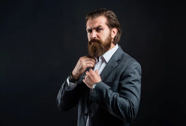 Esteta. Guarda-roupa do escritório dos homens. homem elegante vestido de terno. modelo de moda formal. homem bonito em fundo cinza. Homem de negócios barbudo sério. elegante homem maduro olhar moderno — Fotografia de Stock