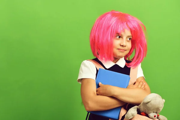 Back to school concept. Pupil in school uniform with wig — Stock Photo, Image