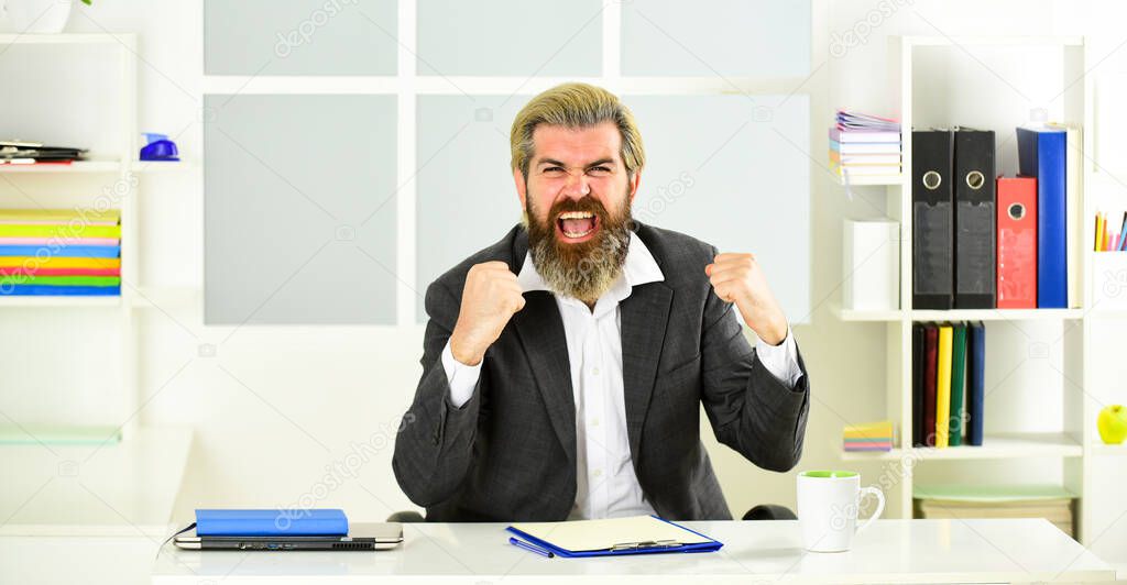 feel the success. modern office life. distant work while coronavirus quarantine. mature school teacher. Business-minded businessman. bearded man in formal jacket sit at table. boss in workplace
