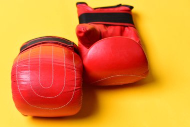 Bir çift boks eldiveni yan yana yatar..