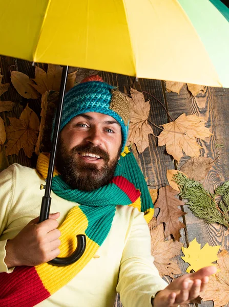 Sich frei und entspannt fühlen. Herbstliche Rabatte auf Kleidung. Mann mit Regenbogen-Regenschirm. Er mag Regen. Der Wetterbericht verspricht Regen. Bärtiger Mann mit buntem Regenschirm — Stockfoto