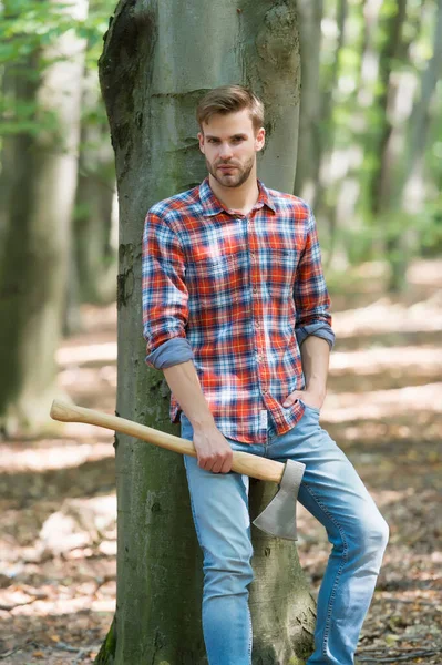 Ranch man in checkered shirt hold ax, style — Stock Photo, Image
