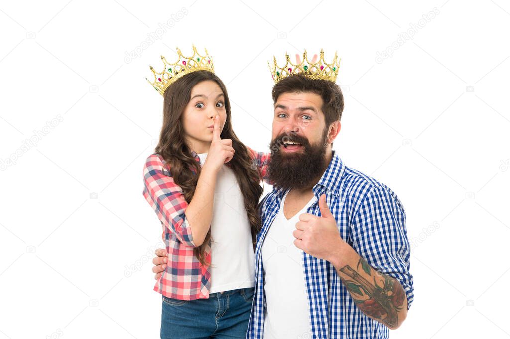 Best kept secret. Little princess keep finger on mouth with secret. Silence gesture. Big boss show thumbs up. Happy family isolated on white. Confidential information and top secret. Hush-hush