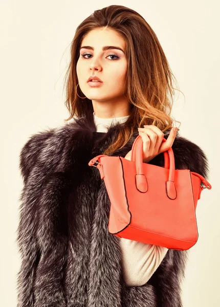Woman in fur coat with handbag on white background. Girl fashion lady stylish hairstyle wear mink fur coat. Female stylish fashion model. Fashion stylish accessory. Fashion and shopping concept — Stock Photo, Image