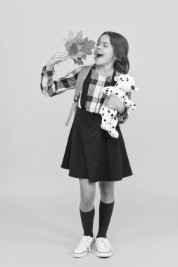 Sonbaharın güzelliği. Küçük okul çocuğu yaprakları ve oyuncakları tutuyor. Küçük kız sonbahar yapraklarını sever. Sonbahar tatilini kutlayın. Okul zamanı. Sonbahar sezonu. Okula dönelim. Oyna ve öğren.