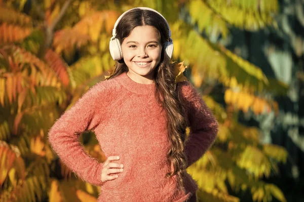 Őszi hangulat. Vidám lány hallgatni audio book. Egy kisgyerek fülhallgatóban. online oktatás. Könyv gyerekeknek. Élvezd az őszi napot. Jó nap a sétára. Szereti a természetet és a zenét. tanítási idény — Stock Fotó