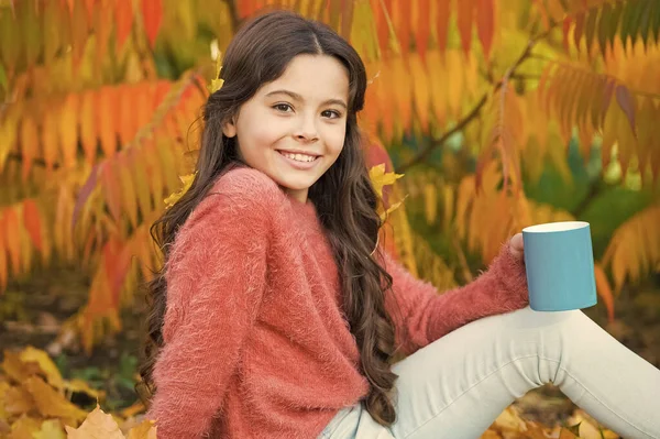 Enerjiyi yenile. Mutlu küçük kız sonbahar sabahı kahvenin tadını çıkarıyor. Küçük çocuk elinde bir bardak sıcak enerji içeceği tutuyor. Kafein ona enerji veriyor. — Stok fotoğraf