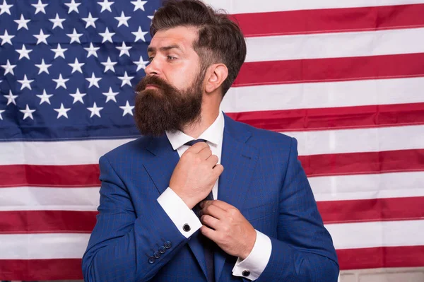 American citizen. Happy celebration of victory. Bearded hipster man being patriotic for usa. TV host. National holidays. Proud of motherland. American reform. July 4. American citizen usa flag