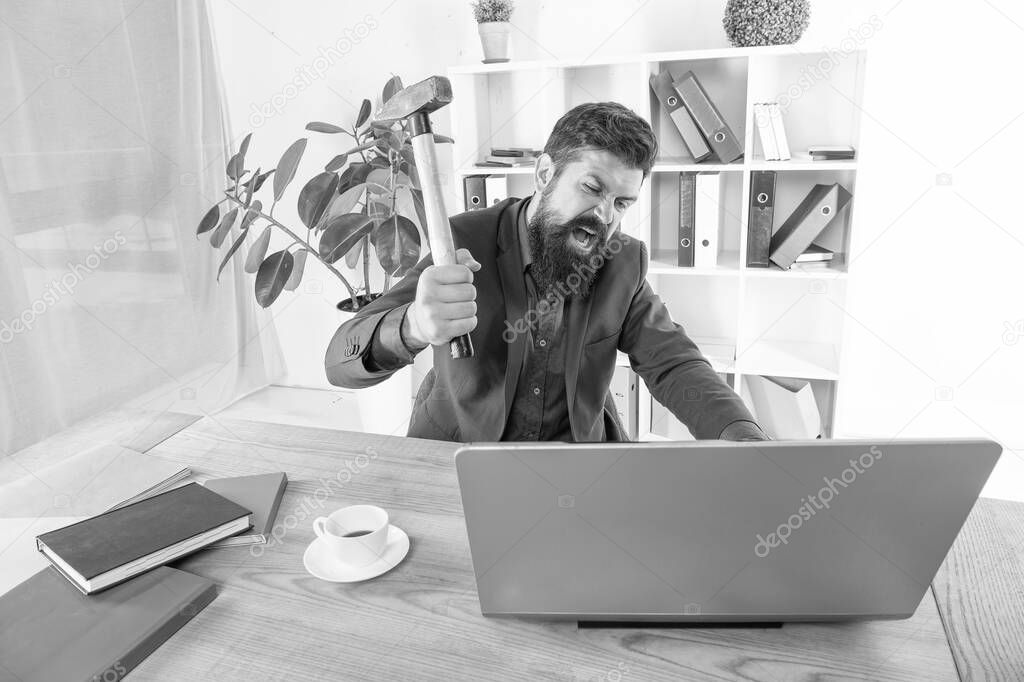 facial expression. Stress and Pressure at Workplace. Business man holding hammer. Frustrated office worker. Outdated software. fight for success. system fatal problem. office PC gets hanged up