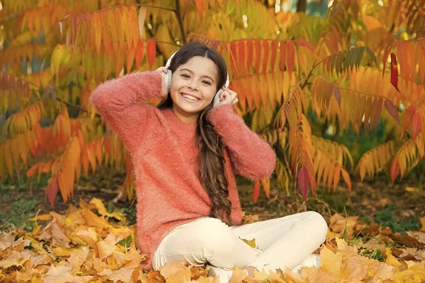 Music for pleasant cozy mood. Enjoy music outdoors fall warm day. Autumn is finally here. Special instrumental music collection for total relax. Kid girl relaxing near autumn tree with headphones