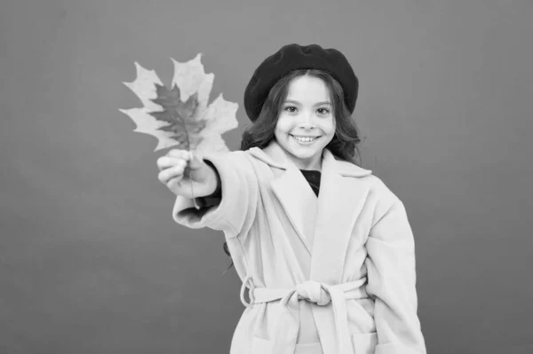 Trendy schoonheid. schooltijd. Kindergeluk. herfstseizoen. gevallen bladeren bos. Frans meisje in Franse baret en gele jas. gelukkig klein meisje met esdoorn blad. herfst kind mode — Stockfoto