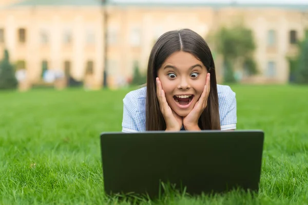happy surprised child looking at computer screen and feel happiness about successful exam results, school education success