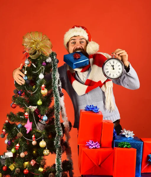 Man with beard and crazy face on red background — Stock Photo, Image