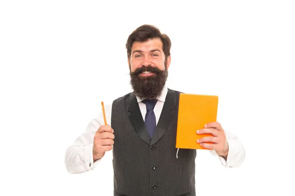 Insegnante di scuola felice tenere libro e penna per l'insegnamento di lettura e scrittura, genio. istruzione — Foto Stock