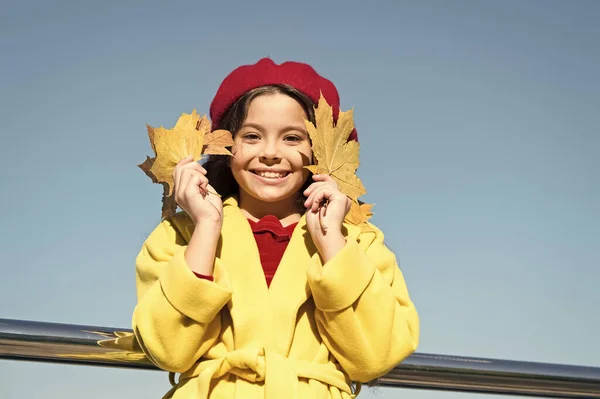 Egy kislány őszi ruhát visel a szabadban. Őszi bakancslista. Mosolygó kölyök emlékeket gyűjt. Búcsúzom az ősztől. Tavaly ősszel. Az esés a levegőben van. Ötletek az őszi kikapcsolódásra. Gyerek juharfalevél — Stock Fotó