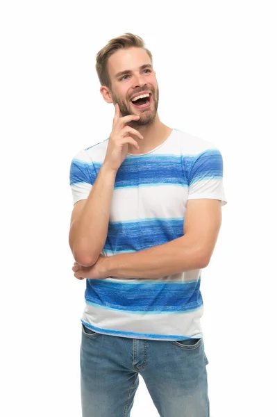 Homem sexy feliz com rosto raspado vestindo camisa de verão na moda isolado no fundo branco, felicidade — Fotografia de Stock