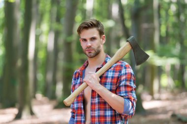 Vahşi doğaya doğru gidiyor. Yakışıklı adam vahşi doğada balta taşıyor. Oduncu tarzı. Yaz doğası. Doğa manzarası. Ekoloji ve çevre. Macera ve keşif. Ağaç kesme ve odun kesme