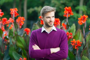 Kendine güvenen adamın elleri çapraz, şık saçları ve kılları var, erkek güzeli.