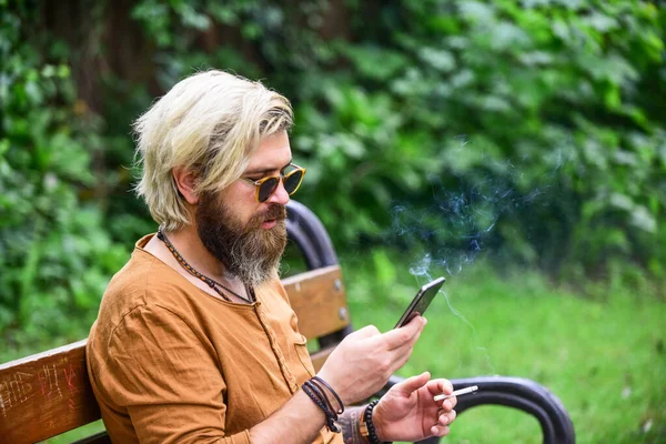 You can work anywhere. Online shopping. Working online. Hipster inspired work in park. Agile business. Bearded guy sit on bench in park nature background. Work and relax. Fresh air. Mobile internet