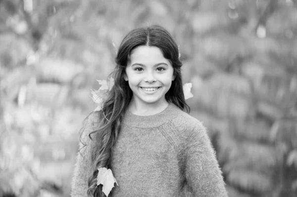 Осінь приносить щастя і радість. Щаслива маленька дівчинка носить осіннє листя у волоссі. Маленька дитина щаслива посміхається на автономному ландшафті. Щаслива падіння. Щасливі свята — стокове фото