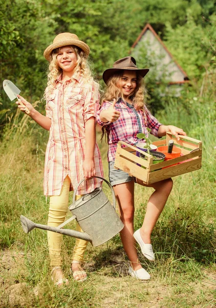 Des soeurs qui aident dans la cour. Filles avec des outils de jardinage. Les outils de jardin adaptés aux enfants assurent la sécurité du jardinier enfant. Joli concept de jardinier. Profession de jardinier. Aimer la nature. Prendre soin des plantes — Photo