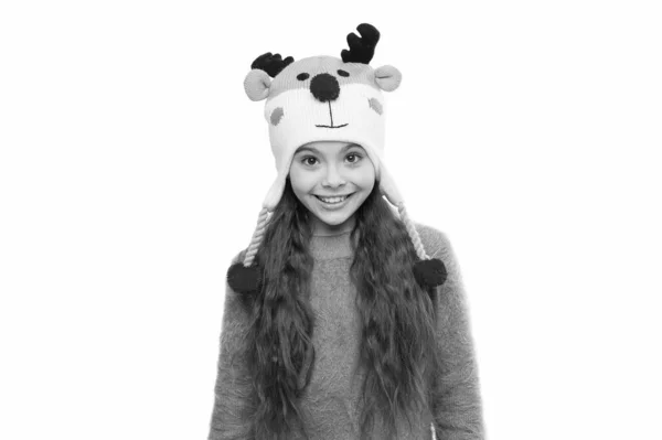 Cosy moments. enjoy christmas vacation. good mood in any weather. warm apparel for cold weather. childhood happiness and joy. knitwear fashion. happy little girl reindeer hat. finally winter holidays. — Stock Photo, Image