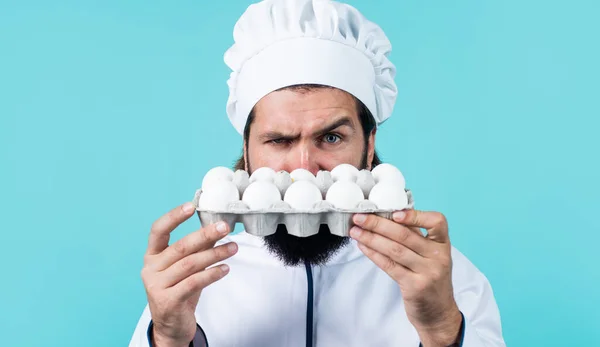 Quality control. handsome man with beard and moustache cooking food. professional restaurant cook baking. skilled baker use kitchen utensils for cooking. male chef in hat prepare healthy meal — Stock Photo, Image