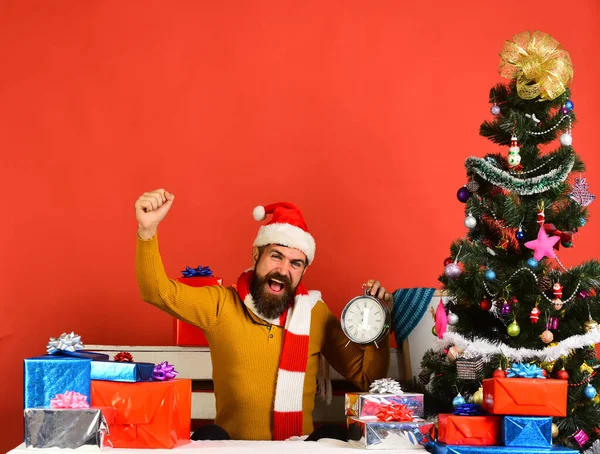 Man with beard and cheerful face celebrates Christmas. — Stock Photo, Image