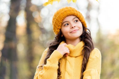 Sonbahar tarzında mutlu bir gülüşü ve çocukluğu olan bir çocuk hayal ediyorum.