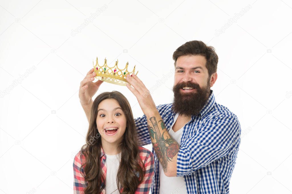 Born to shine. Father reward small child with crown. Happy girl got crown reward. Beauty queen. Prize reward. Reward success. Prom party. Coronation day. Little princess