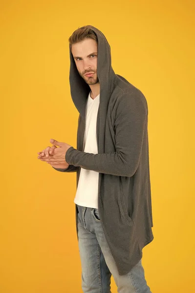 Effortless casual style. Stylish guy wear hoodie with style. Handsome man yellow background. Fashion and style. Casual wear or sportswear. Protective outerwear. Comfortable and warm. Everyday style — Stock Photo, Image