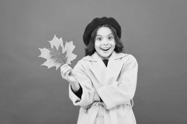 Hola octubre. Niña bienvenida otoño. Niña linda cara sostener hoja de arce. Disfruta la temporada. Niño con hoja amarilla otoñal. Cambios climáticos. Llegó el otoño. Pequeña niña caída traje rojo fondo —  Fotos de Stock